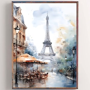 K&ouml;nnte beinhalten: Ein Aquarellbild des Eiffelturms in Paris, Frankreich. Das Bild zeigt eine Stra&szlig;enszene mit einem Caf&eacute;, Tischen, St&uuml;hlen und Passanten. Der Eiffelturm befindet sich im Hintergrund, und es gibt B&auml;ume und Wolken am Himmel.