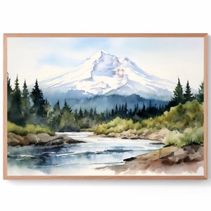 Mount Hood Print Oregon Watercolor Painting Mountain River Wall Art Oregon Landscape Panoramic Print Foggy Pine Forest Fine Art Print