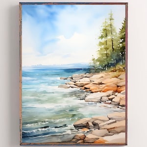 Lake Ontario Painting Michigan Landscape Wall Art Forest Lake Watercolor Print Neutral Minimalist Painting Great Lakes Wall Decor