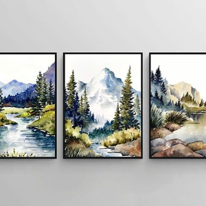 Set of 3 Mountain river prints watercolor large painting mountain forest art panoramic landscape triptych prints 3 piece wall decor