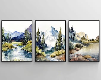 Set of 3 Mountain river prints watercolor large painting mountain forest art panoramic landscape triptych prints 3 piece wall decor