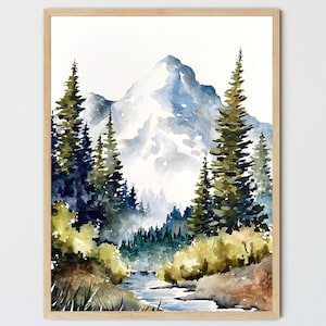 Mountain river art Idaho painting landscape watercolor pine tree art print neutral wall art blue green poster nature wall decor