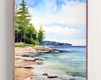 Forest Lake Painting Michigan Lake Art Print Watercolor Landscape Painting Minimalist Wall Art Blue Green Decor Michigan Hiking Gift