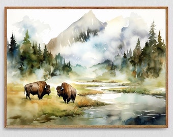 American bison print Grand Teton national park poster brown watercolor landscape mountains wall art Buffalo art print wildlife painting