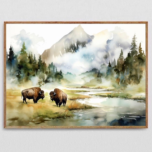 American bison print Grand Teton national park poster brown watercolor landscape mountains wall art Buffalo art print wildlife painting