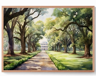 Oak Alley Plantation Louisiana Watercolor Painting Oak Tree Wall Art New Orleans Travel Print Mississippi River Valley Art Forest Landscape