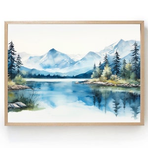 Panoramic Mountain Lake Watercolor Art Print Watercolour Forest Reflection Wall Art Panorama Large Forest Lake Painting Landscape Wall Art