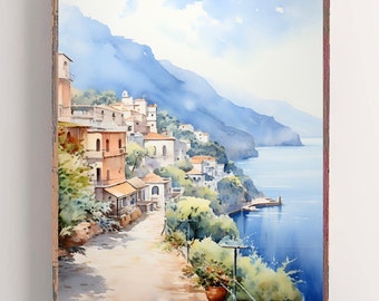 Italy Watercolor Painting Positano Coastal Wall Art Amalfi Coast Artwork Italian Seascape Print Italy Travel Poster