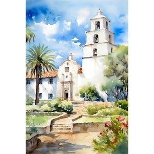 Mission Basilica Painting San Diego de Alcala Watercolor Art Print California Wall Art Travel Poster Print San Diego Home Decor