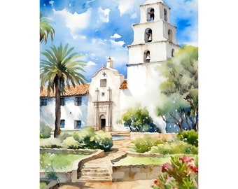 Mission Basilica Painting San Diego de Alcala Watercolor Art Print California Wall Art Travel Poster Print San Diego Home Decor