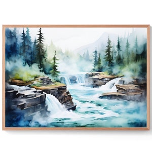 Athabasca Falls Print Jasper National Park Art Mountain Forest Watercolor Painting Canadian Landscape Wall Art Nature Poster