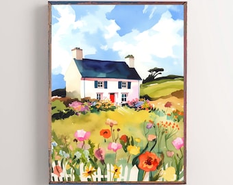 Irish Cottage Art Print Countryside Watercolor Painting Country Landscape Rural Wall Art