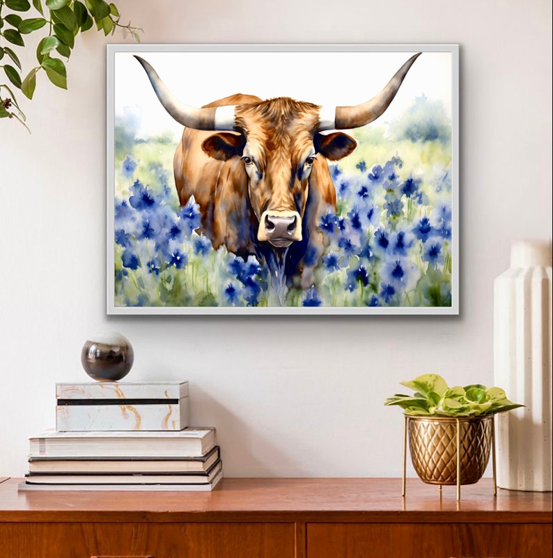 Texas Longhorn Cow Print Watercolor Wall Art Hill Country Bluebonnet ...