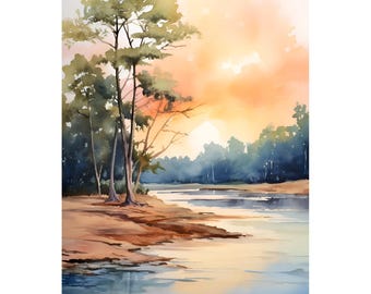 Savannah River Painting Georgia Watercolor Art River Landscape Print River Forest Scene Nature Travel Art