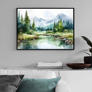 May include: A watercolor painting of a mountain landscape with a river flowing through a forest. The mountains are in the background, and the trees are in the foreground. The river is a light blue color, and the trees are a dark green color.