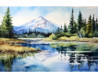 May include: Watercolor painting of a mountain landscape with a lake. The artwork features a snow-capped mountain, evergreen trees, and a reflective lake. The color palette includes blues, greens, and browns, creating a serene and natural scene.