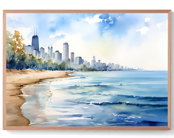 Ohio Street Beach Watercolor Art Print Chicago Wall Art Lake Shore Drive Illinois Poster