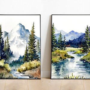 Set of 2 Mountain River Prints Watercolor Large Painting Minimalist ...