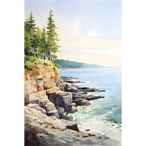 Otter Cliff Maine Painting Coastal Watercolor Print Acadia National Park Poster Bar Harbor Art Print Pine Forest Artwork