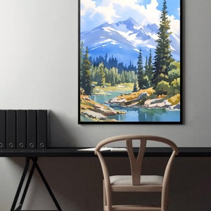 May include: A framed watercolor painting of a mountain landscape with a river flowing through a forest. The sky is blue with white clouds. The mountains are snow-capped and the trees are green.