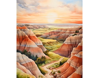 Badlands Mountain Painting North Dakota Watercolor Art Print National Park Poster Mountain Valley Print Landscape Wall Art Nature ArtWork