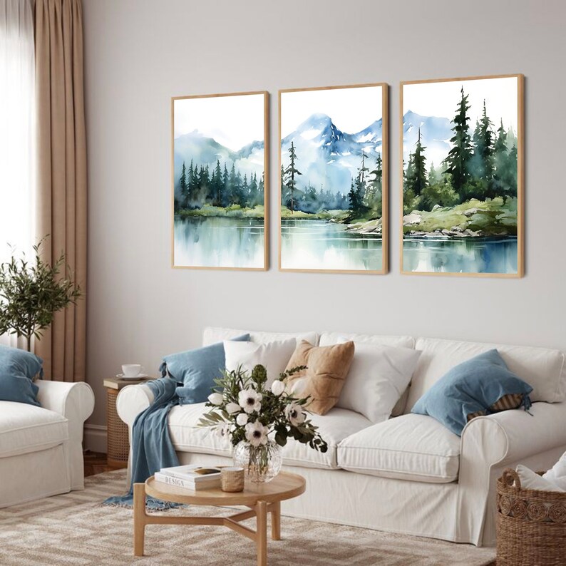 Nature Art Set of 3 Mountain Wall Art Watercolor Landscape Print Set ...
