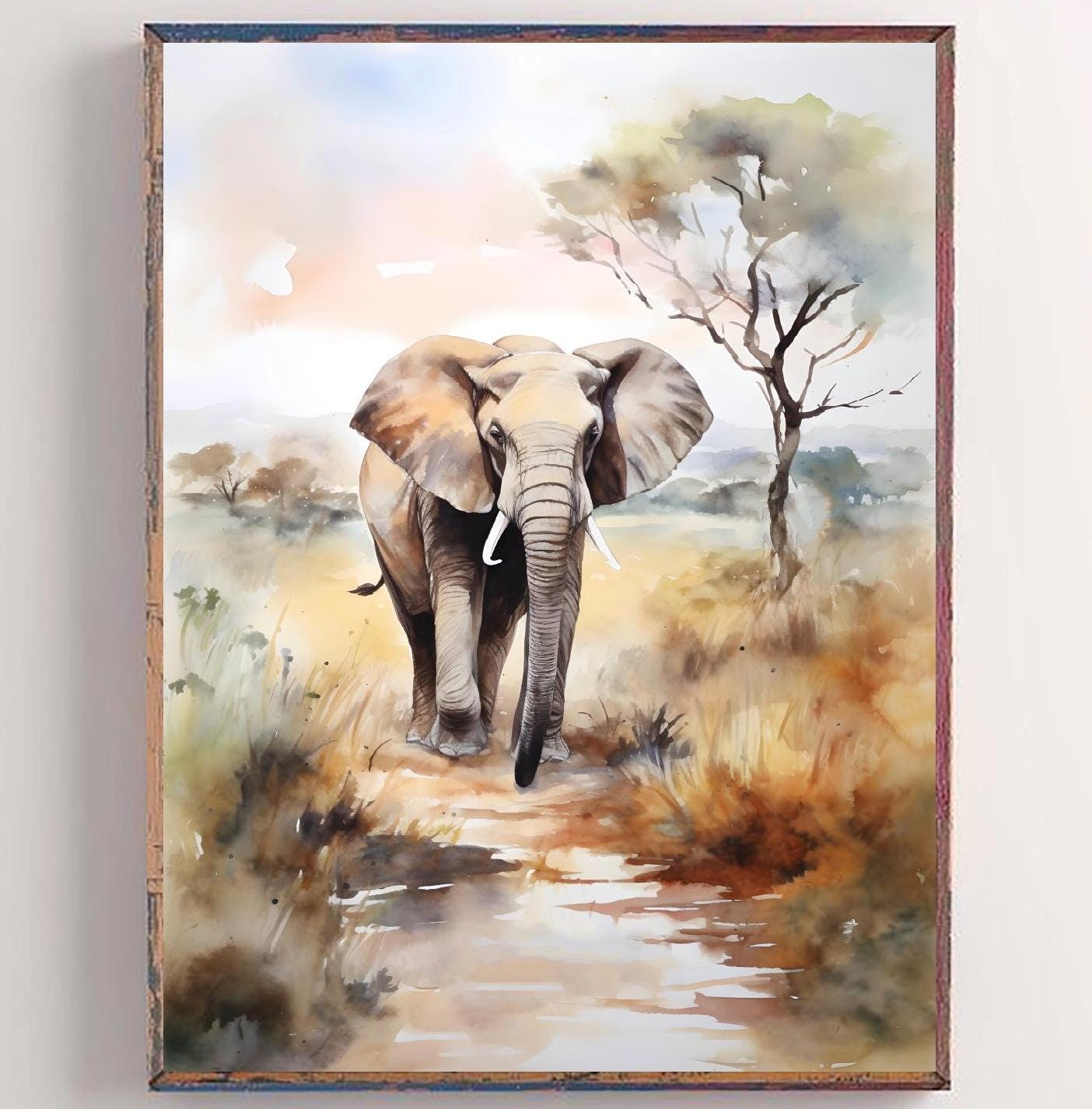 African Landscape Painting Elephant Watercolor Art Print African
