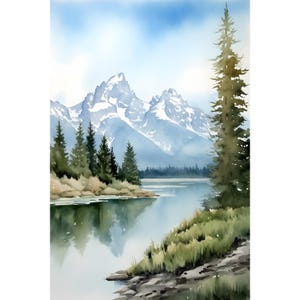 Wyoming Landscape Wall Art Grand Teton Watercolor Painting Mountain Lake Art Print Pine Forest Artwork Wyoming Travel Poster