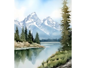 Wyoming Landscape Wall Art Grand Teton Watercolor Painting Mountain Lake Print Pine Forest Artwork