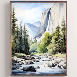Yosemite National Park Print California Watercolor Painting Bridalveil Fall Art Evergreen Trees Print Pine Forest Poster Green Gray Wall Art