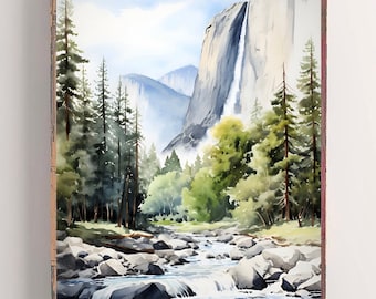Yosemite National Park Print California Watercolor Painting Bridalveil Fall Art Evergreen Trees Print Pine Forest Poster