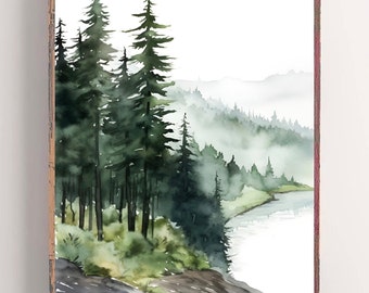 May include: Watercolor painting of a forest scene with tall evergreen trees and a river. The artwork features shades of green and blue, with a misty background and a rustic wooden frame.
