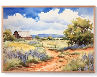 Old Barn Watercolor Print Texas Bluebonnet House in Marble Falls Rural Texas Landscape Wall Art Farmhouse Country Painting