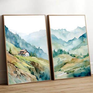Set of 2 Smoky mountain art large watercolor painting pine tree poster teal forest painting blue wall decor 2 piece wall art