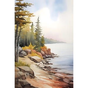 Michigan Watercolor Painting Harbor Springs Art Print Michigan Lake Wall Art Forest Lake Landscape Pine Tree Poster