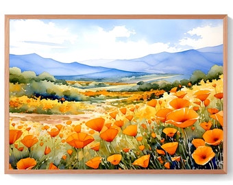 California Fine Art Print Wildflower Poppy Watercolor Painting Wild Mountain Poppy Flowers Field Landscape Blue Orange Yellow Floral Poster