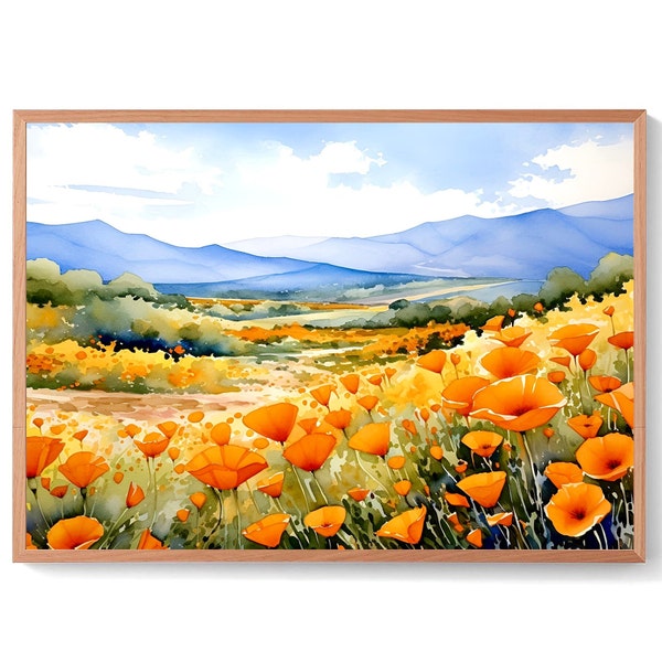 California Fine Art Print Wildflower Poppy Watercolor Painting Wild Mountain Poppy Flowers Field Landscape Blue Orange Yellow Floral Poster