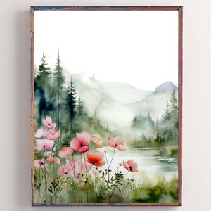 North Carolina wildflowers art watercolor painting mountain lake print poppy landscape wall art foggy pine forest fine art print