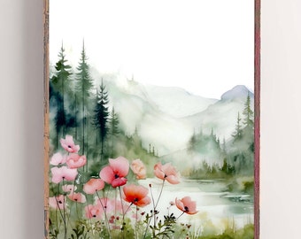 North Carolina wildflowers art watercolor painting mountain lake print poppy landscape wall art foggy pine forest fine art print