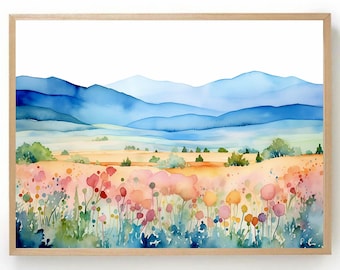 May include: Watercolour painting of a landscape with blue mountains in the background and a field of pink, orange, and yellow flowers in the foreground.