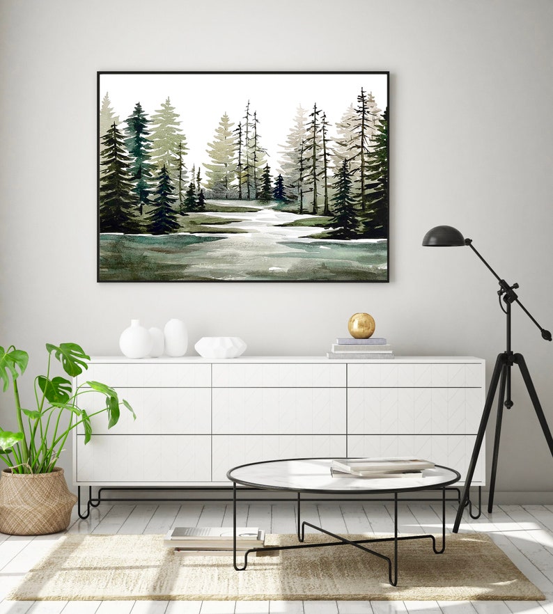 Pine Tree Painting Dark Green Wall Art Pine Forest Painting - Etsy