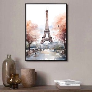 May include: A watercolor painting of the Eiffel Tower in Paris, France. The tower is depicted in brown and gray tones, with a light blue sky and white clouds in the background. The painting features a street scene with trees and lampposts, and a few people walking in the distance.