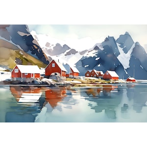 Nerey Fjord Painting Norway Landscape Watercolor Art Print Norwegian Fjords Wall Art Panoramic Painting Norway Travel Poster