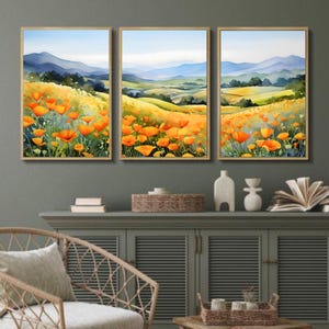 California Poppy Set of 3 Art Prints Wildflower Watercolor Paintings Poppies Field Art Blue Orange Green Poster Floral Landscape Wall Art