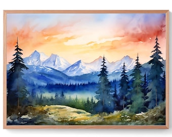 Rocky Mountains Painting Misty Forest Watercolor Art Bitterroot Range Print Idaho Mountains Landscape Pine Trees Wall Art Nature Poster