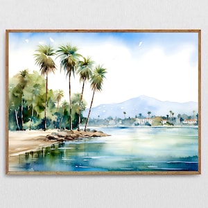Santa Barbara Goleta Print Fine Art Watercolor Painting California Landscape Print Blue Green Panoramic Poster Large Seascape Painting