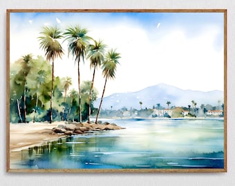 Santa Barbara Goleta Print Fine Art Watercolor Painting California Landscape Print Blue Green Panoramic Poster Large Seascape Painting