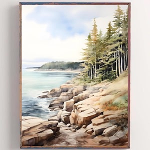 Lake Superior Shore Watercolor Print Michigan Painting Pictured Rocks National Lakeshore Art Pine Forest Landscape Wall Art