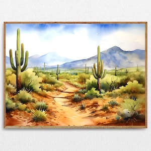 Saguaro Cactus Print Watercolor Desert Art Arizona Sunset Wall Art Cactus Western Painting Vintage Retro Midcentury Print Arizona Wall Decor