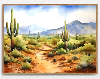 Saguaro Cactus Print Watercolor Desert Art Arizona Sunset Wall Art Cactus Western Painting Vintage Retro Midcentury Print Arizona Wall Decor